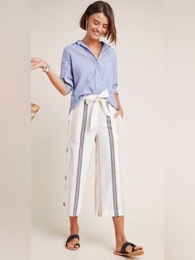 Anthropologie Linen Cotton Striped Wide Leg Cropped Pants Coastal Chic size SP